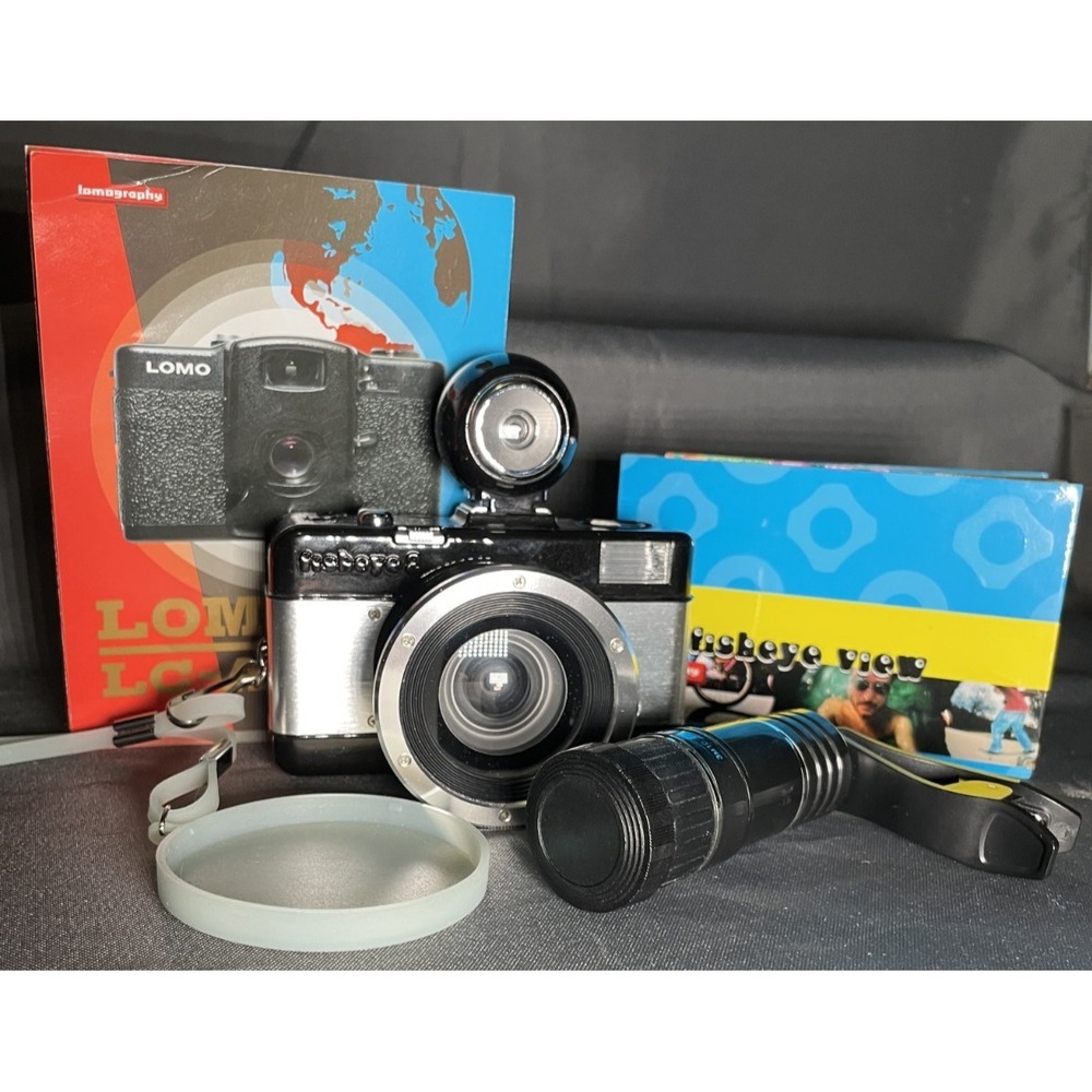 Vintage Lomography Fisheye 2 35mm Camera Bundle w/ Cap/Viewfinder/Booklets